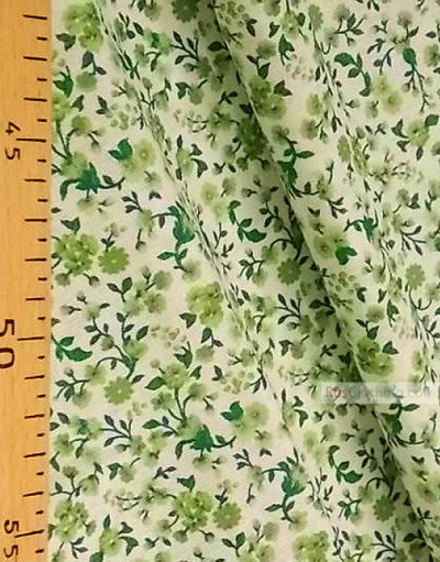 Floral cotton fabric by the yard ''Small Green Flowers On A White Field 