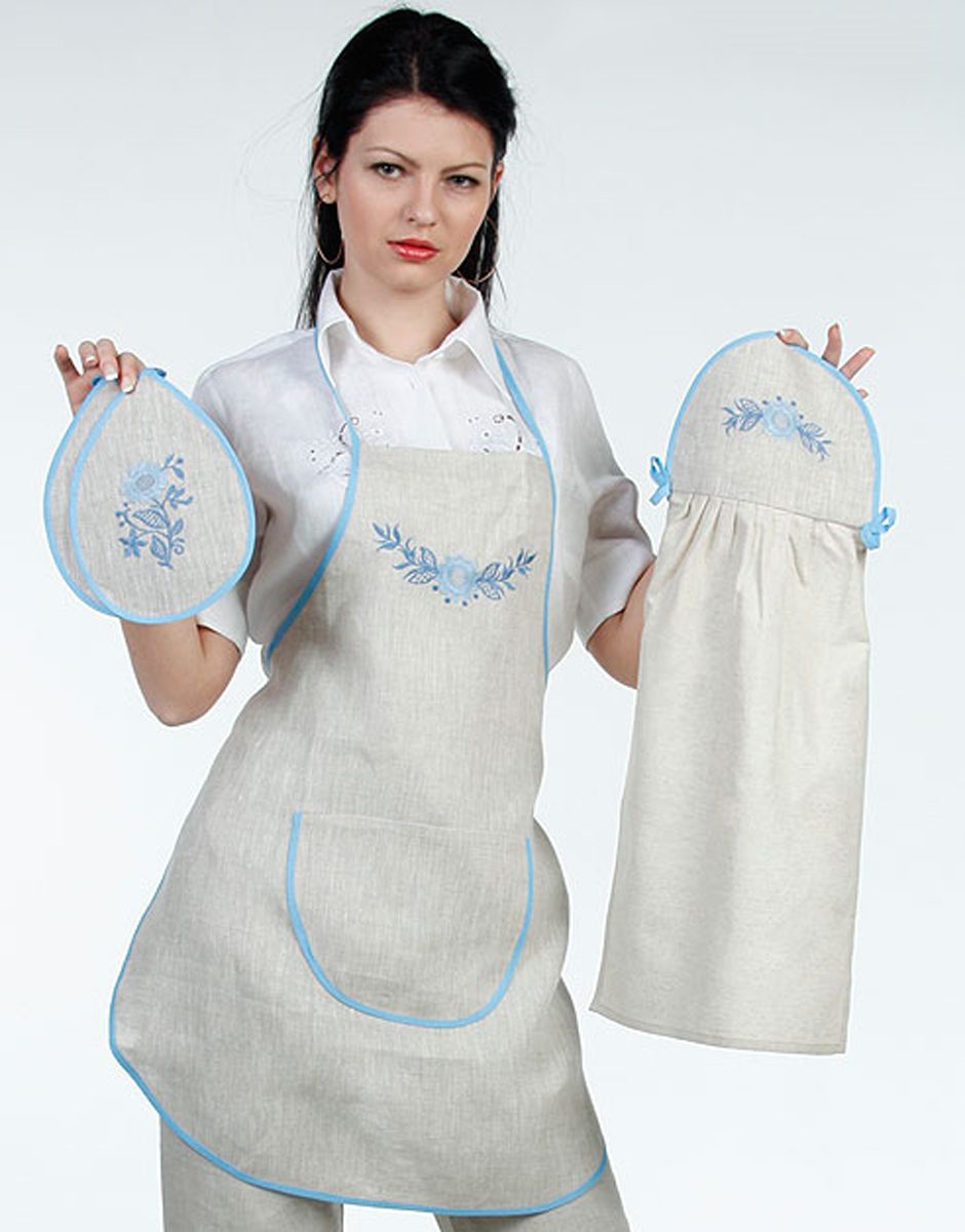 Kitchen linen set ''Blue flowers'' (apron, oven mitt and towel)