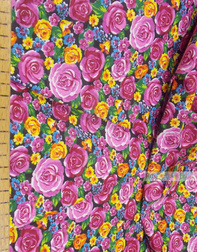 Floral cotton fabric by the yard ''Pink Roses With Blue Flower On Black''}