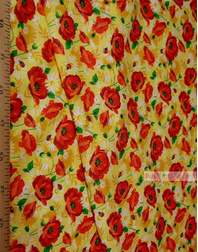 Floral cotton fabric by the yard ''Red Poppies On Yellow''}
