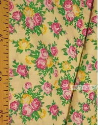 Floral cotton fabric by the yard ''Pink, Yellow Roses On Light Yellow''}