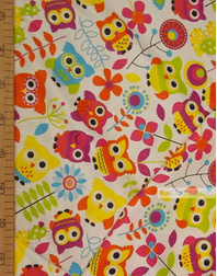 Childrens Fabric by the Yard ''Colored Owls On White''}