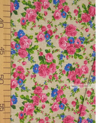 Tissu coton fleuri au metre ''Pink And Blue Roses On Light Gray''}