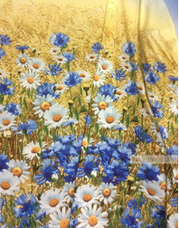 Floral cotton fabric by the yard ''Cornflowers With Daisies In A Wheat Field''}