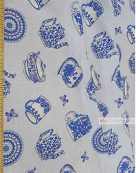 Linen fabric from Russia ''Blue Tea Set ''