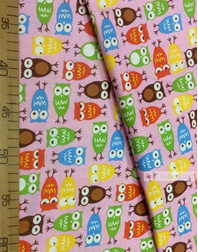 Kids Fabric by the Yard ''Colored Owls On Pink''}