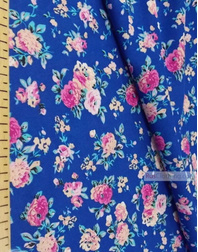 Viscose Fabric by the yard ''Pink Roses On Blue''}