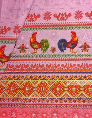 Coq Imprimé tissu au metre ''Colored Roosters On Grey''}