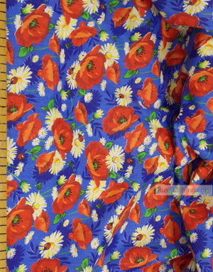 Floral cotton fabric by the yard ''Red Poppies On Blue''}