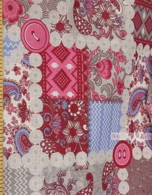 Folk Art Fabric by the yard ''Gray/Pink/Blue Flap''}
