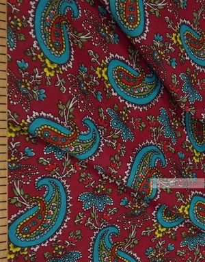 Tissu coton pasley au metre ''Turquoise Paisley On Red''}