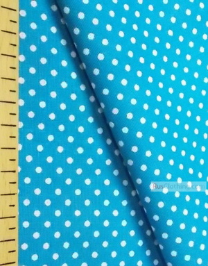 Tissu coton imprime au metre ''Little White Polka Dot On Turquoise''}