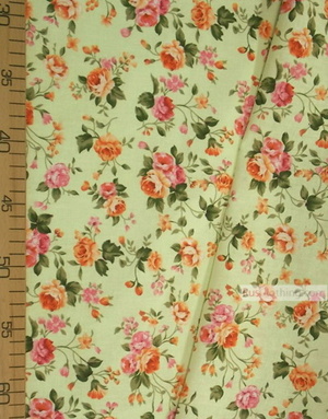 Floral cotton fabric by the yard ''Tea Rose On Light Green''}