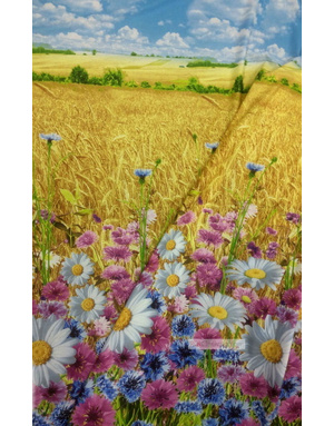 Tissu coton fleuri au metre ''Blue And Purple Cornflowers With Daisies In A Wheat Field''}