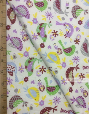 Childrens Fabric by the Yard ''Patchwork Birds On White Yellow/Purple''}