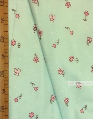 Nursery Fabric by the Yard ''Pink Flowers With Butterflies On A Mint Field''}