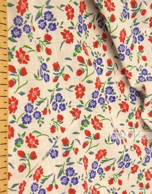 Linen fabric from Russia ''Red, Blue Flowers On White ''