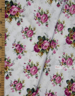 Floral cotton fabric by the yard ''Pink Roses On White''}