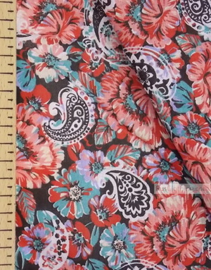 Floral cotton fabric by the yard ''Carnations On Black''}
