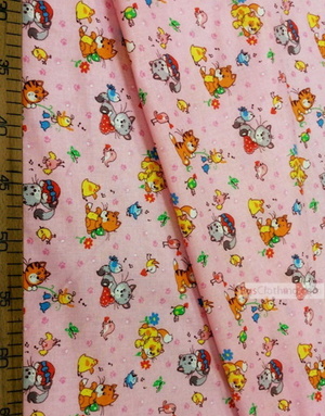 Kids Fabric by the Yard ''Cats And Birds On Pink''}