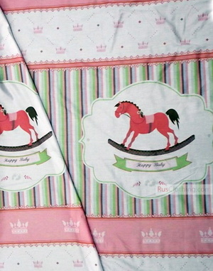 Baby Materials by the Yard ''Horse With Pink Crowns On White''