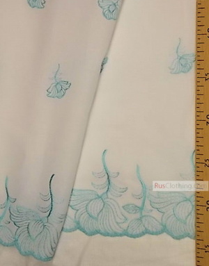 Embroidery Eyelet Fabric ''Turquoise flowers on white''}