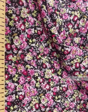 Viscose Fabric by the yard ''Pink Flowers On Black''}