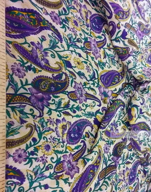 Viscose rayon by the yard ''Oriental Motifs On White (Purple, Green)}