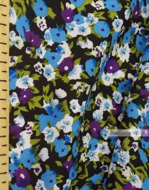 Viscose Fabric by the yard ''Blue Flowers On Black''}