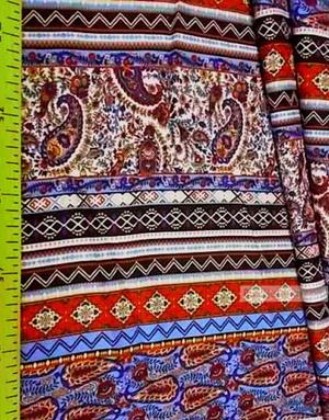 Viscose rayon by the yard ''Red And Blue Paisley With Ornaments''}