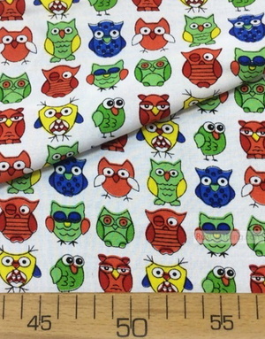 Viscose Fabric by the yard ''Coloured Owls On White''}
