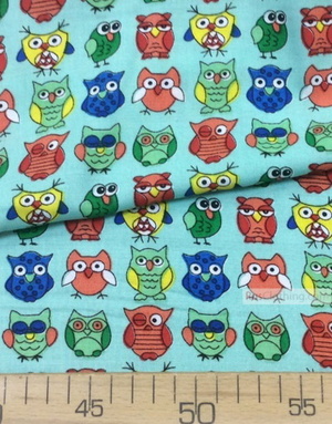 Viscose rayon by the yard ''Coloured Owls On Mint''}