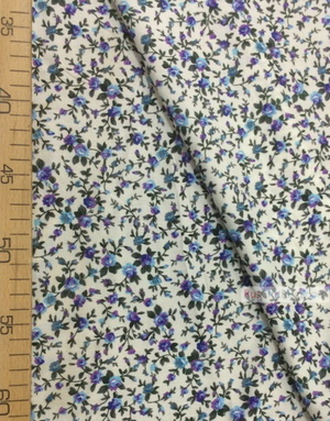 Viscose Fabric by the yard ''Blue, Purple Roses On White''}