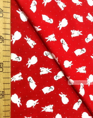 Viscose rayon by the yard ''White Bunny On Scarlet''}