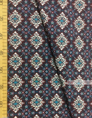 Viscose Fabric by the yard ''Turquoise-Gray Patterns On Cherry''}