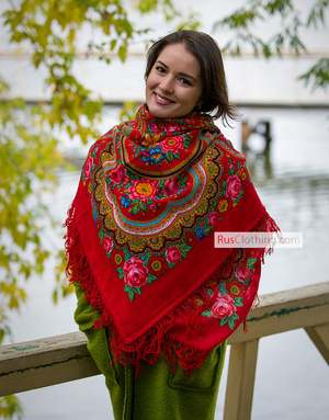Russian evening scarf wrap Pavlovo Posad shawl beige Oversized wool shawl with orange roses size 53