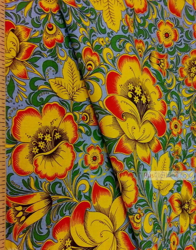 Russian Fabric Patterns ''Khokhloma On Blue''}
