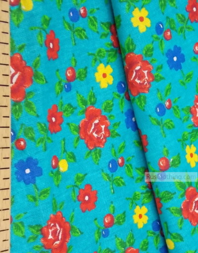 Tissu coton fleuri au metre ''Roses On A Turquoise Field''}