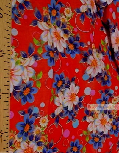 Russian Floral Fabric ''Bright Flowers On The Red Field''