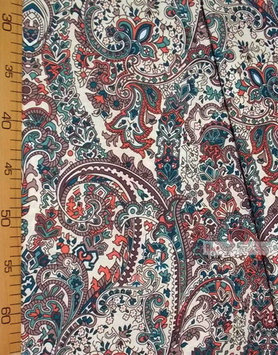 Folk Art Fabric by the yard ''Green-Brown Oriental Patterns On Beige''}