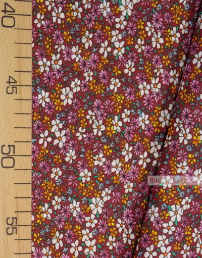 Floral cotton fabric by the yard ''Small Wild Flowers On Burgundy''}