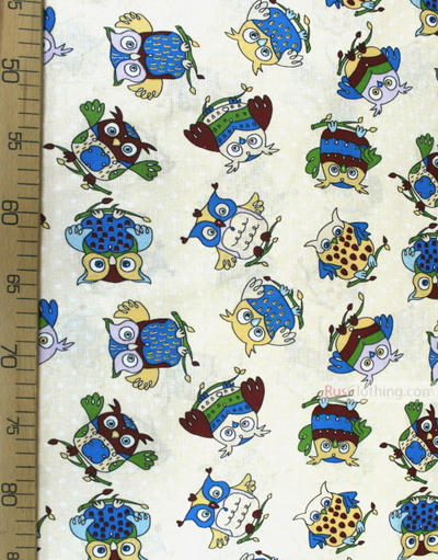 Nursery Print Fabric by the Yard ''Wise Eagle Owl On Beige''}