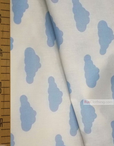 Nursery Print Fabric by the Yard ''Blue Clouds On White''}