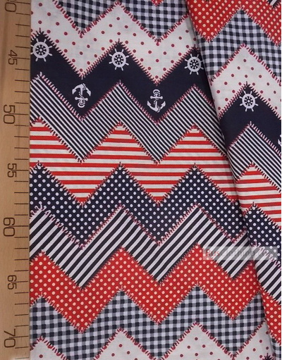 Vintage Fabric Ornament by the yard ''Sea Zigzag, Red''}