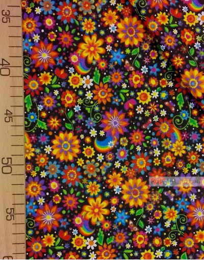 Cotton print fabric by the yard ''Bright Colors On Black''}