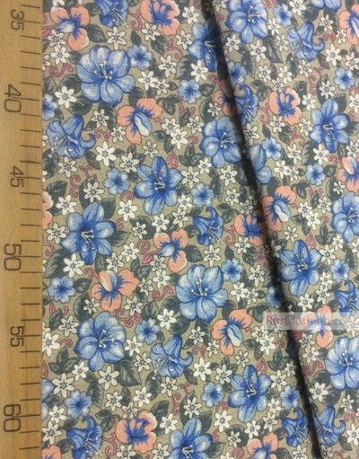Floral cotton fabric by the yard ''Blue, Pink Flowers On A Gray Field''}