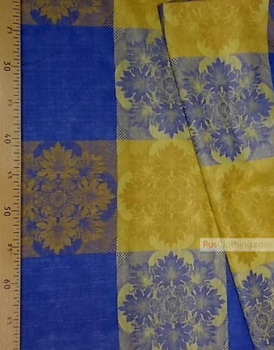Tissu lin fleuri ''Flowers on yellow-blue cell''