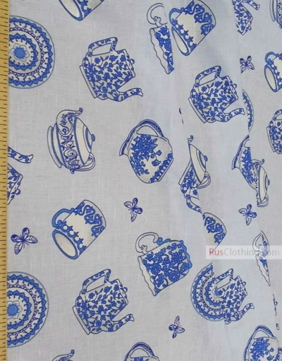 Linen fabric from Russia ''Blue Tea Set ''