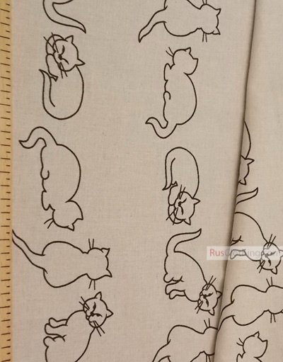 Linen fabric from Russia ''Black cats on gray ''