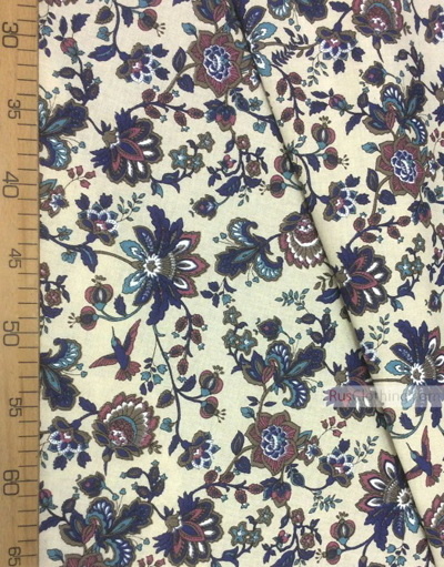 Floral Linenby the yard ''Paradise Flowers, Blue On gray ''